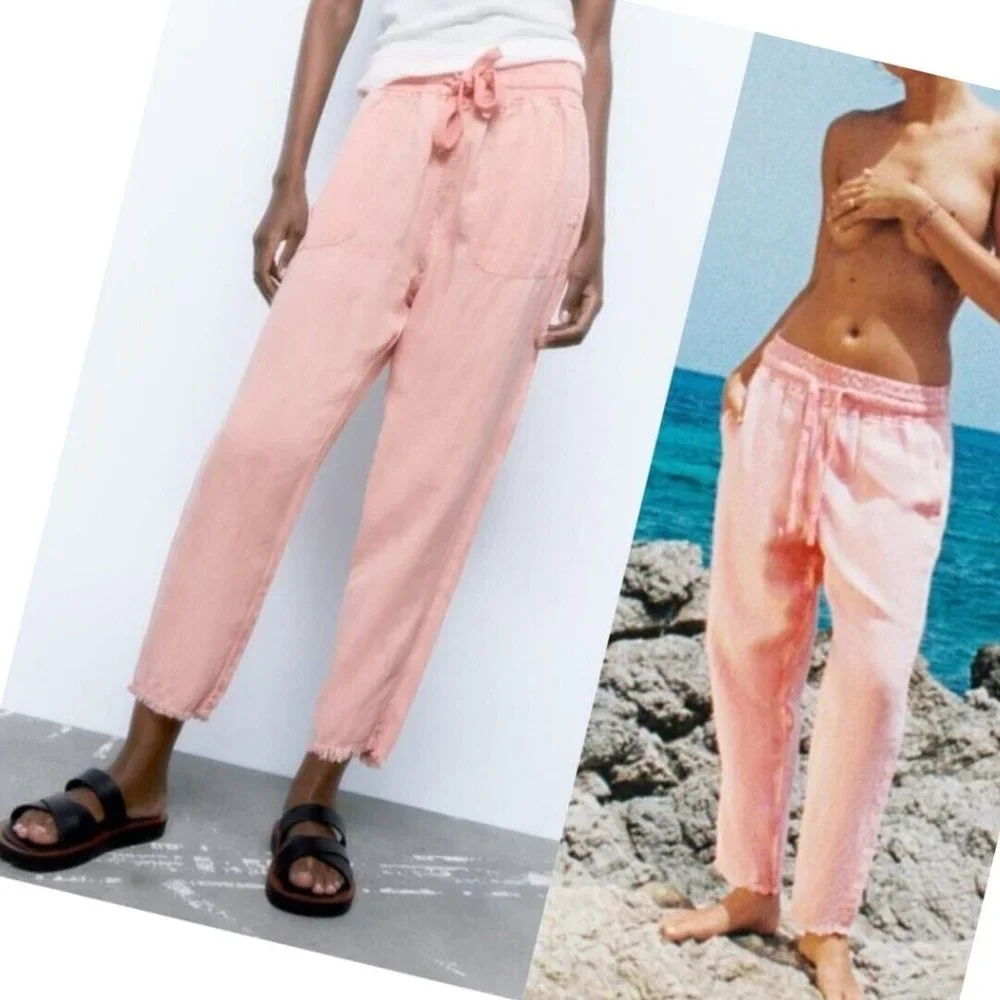 Zara Raw Hem Trousers Pink Linen Blend High Rise Utility Joggers